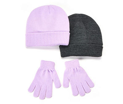 Kids' Charcoal & Lavender Beanie & Gloves Set