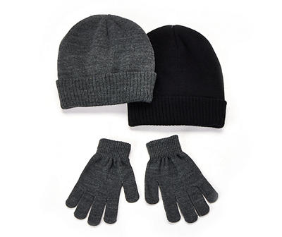 Black & Gray Beanie & Gloves Set