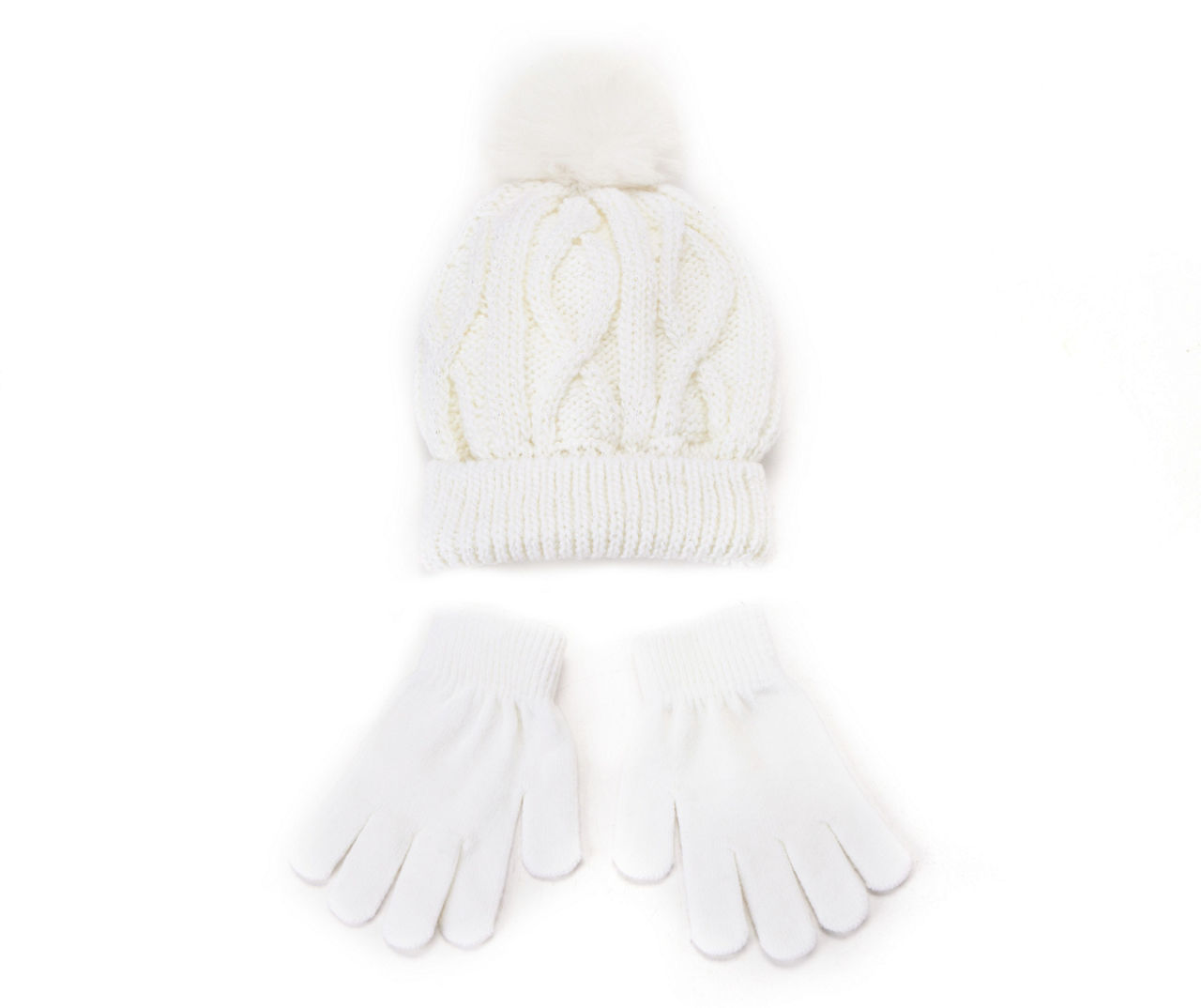 Kids' Ivory Cable-Knit Pom-Pom Beanie & Gloves Set