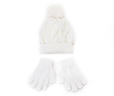 Kids' Ivory Cable-Knit Pom-Pom Beanie & Gloves Set