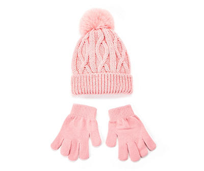 Kids' Pink Cable-Knit Pom-Pom Beanie & Gloves Set