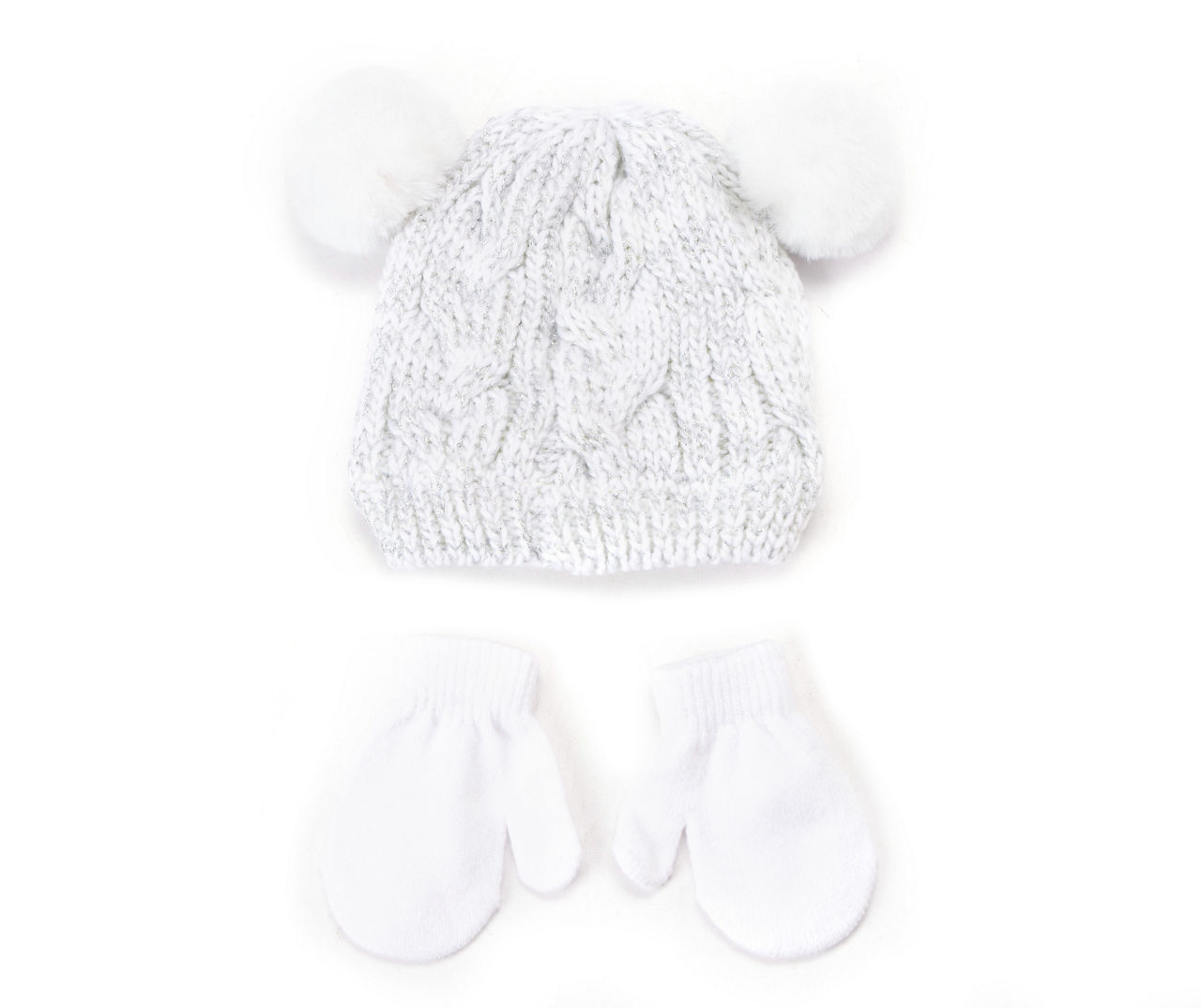 Toddler Ivory Cable-Knit Double Pom-Pom Beanie & Mittens Set