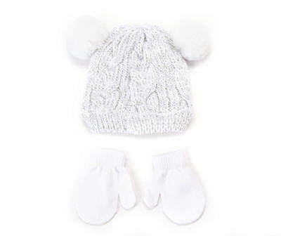 Toddler Cable-Knit Double Pom-Pom Beanie & Mittens Set