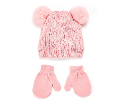 Toddler Pink Cable-Knit Double Pom-Pom Beanie & Mittens Set
