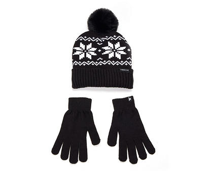 Black & White Fair Isle Pom-Pom Beanie & Gloves Set