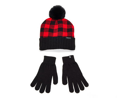 Red & Black Buffalo Check Pom-Pom Beanie & Gloves Set