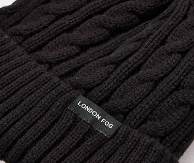Black Cable-Knit Pom-Pom Beanie & Gloves Set