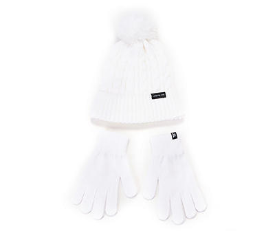 Ivory Cable-Knit Pom-Pom Beanie & Gloves Set