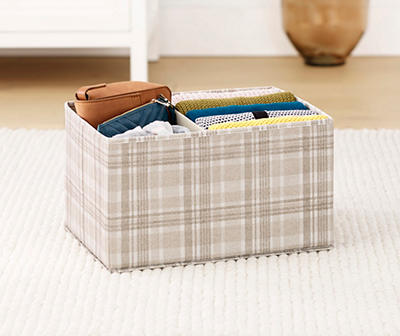 Tan Plaid Storage Tote With Divider, (16")