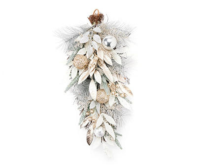 26" Silver & Gold Pine, Leaf & Ornament Teardrop Wreath