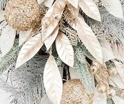 26" Silver & Gold Pine, Leaf & Ornament Teardrop Wreath