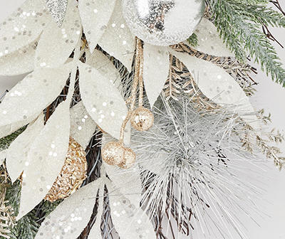 22" Silver & Gold Pine, Leaf & Ornament Wreath