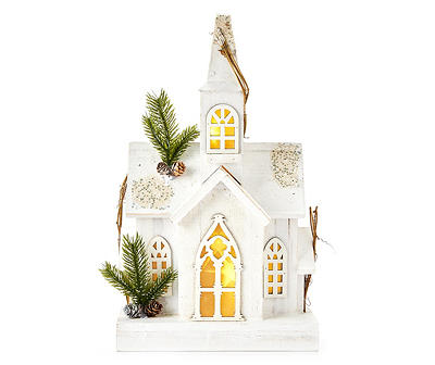 Frosted Forest White Wood Church LED Tabletop Decor