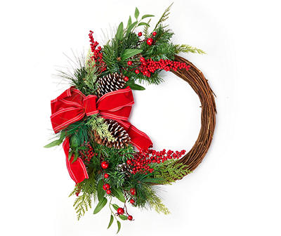 Santa's Workshop 25.5" Berry, Pinecone & Ribbon Half Wreath