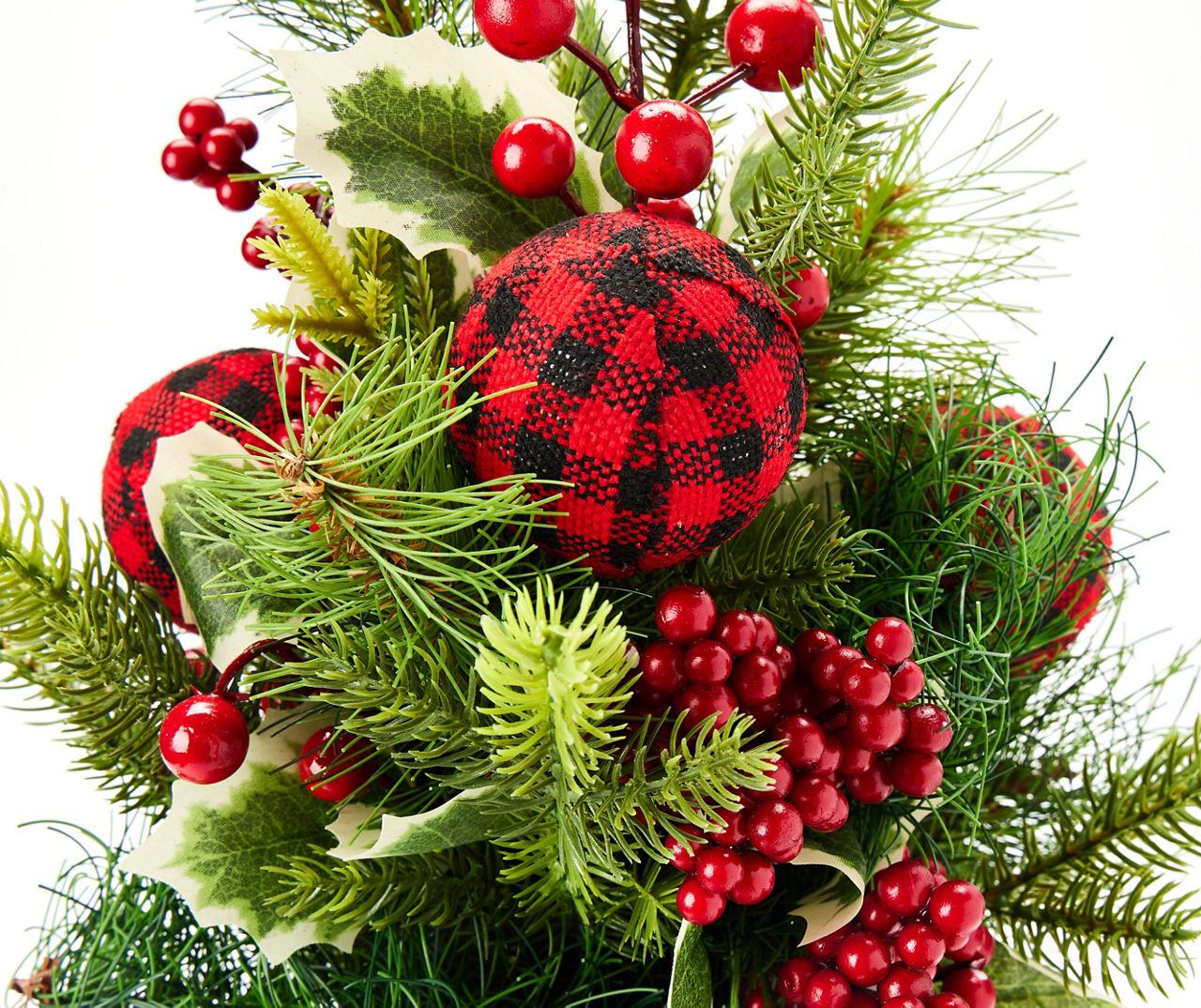Pine, Berry & Ornament Arrangement in Plaid Metal Jug