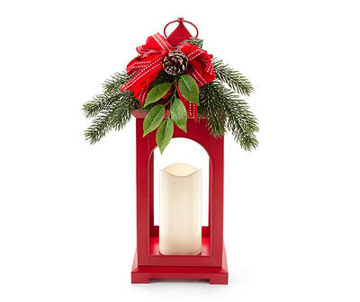 Red Pine, Berry & Bow Metal LED Candle Lantern