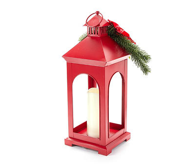 Red Pine, Berry & Bow Metal LED Candle Lantern