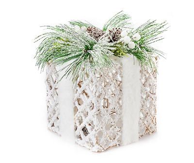 Frosted Forest 12" Snowy Weaving Rope LED Gift Box Decor