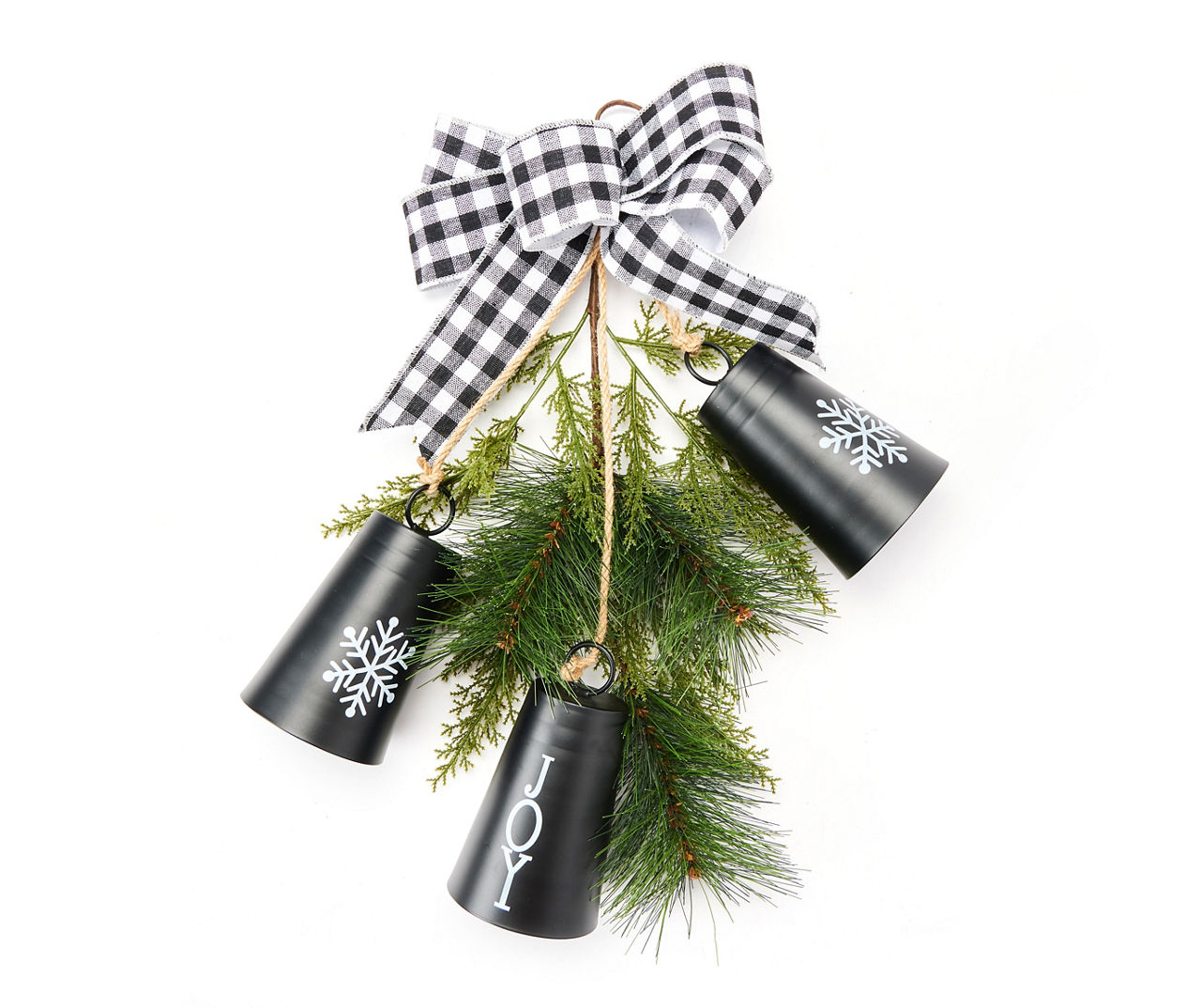 6” Galvanized Bells With Buffalo Check Bow Christmas Ornament