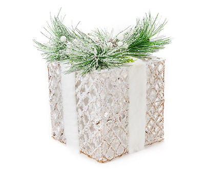 Frosted Forest 10" Snowy Weaving Rope LED Gift Box Decor
