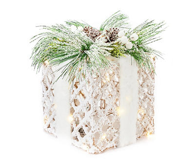 Frosted Forest 10" Snowy Weaving Rope LED Gift Box Decor
