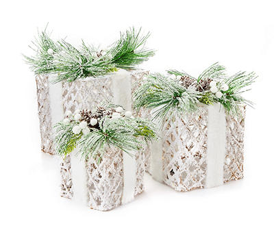 Frosted Forest 8" Snowy Weaving Rope LED Gift Box Decor