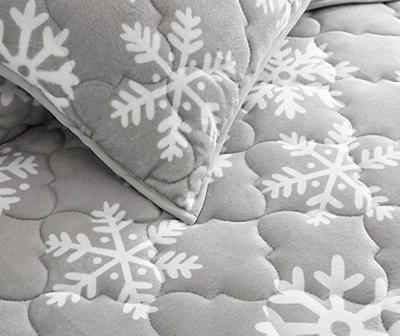 Gray & White Snowflake Plush Full/Queen 3-Piece Quilt Set