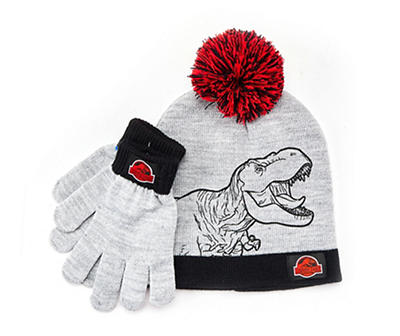 Gray & Black Jurassic Park T-Rex Kids' Pom-Pom Beanie & Gloves