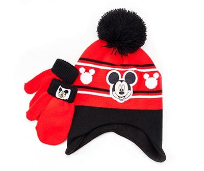 Red & Black Mickey Mouse Kids' Pom-Pom Beanie & Mittens