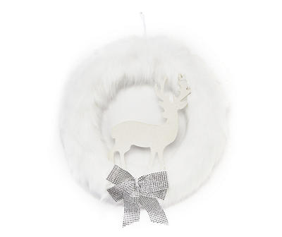22" Reindeer & Bow White Fur Wreath