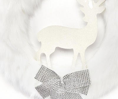 22" Reindeer & Bow White Fur Wreath