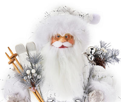 18" White Fabric Coat Santa with Skis Tabletop Decor