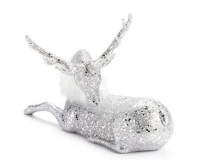 Silver Glitter & White Fur Sitting Deer Tabletop Decor