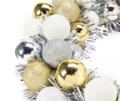 16" Gold, Silver & White Ornament Tinsel Wreath