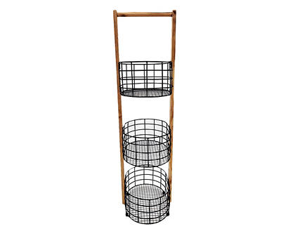 Black Oval 3-Tier Metal Basket & Wood Stand