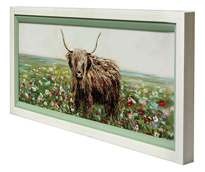 Highland Cow in Field Framed Art Canvas, (10" x 22")