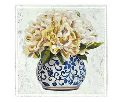 White Roses in Blue Vase Art Canvas, (17" x 17")