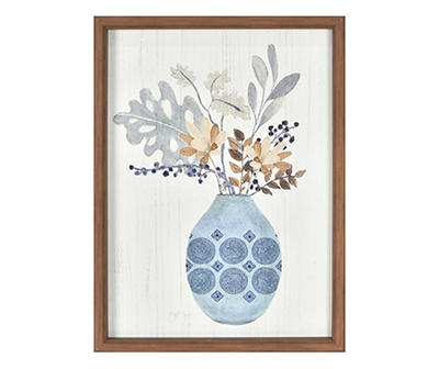 Boho Flower Bouquet in Blue Vase Framed Art, (12" x 16")