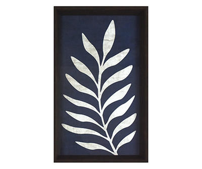 Dark Blue & White Leaf Curving Left Framed Art, (9" x 16")