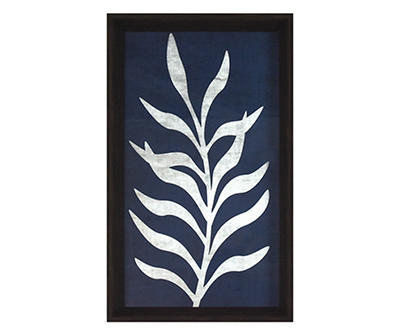 Dark Blue & White Leaf Curving Right Framed Art, (9" x 16")
