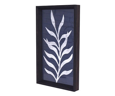 Dark Blue & White Leaf Curving Right Framed Art, (9" x 16")
