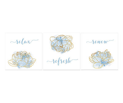 "Relax, Refresh, Renew" Bleu Flower 3-Piece Canvas Art Set, (10" x 10")