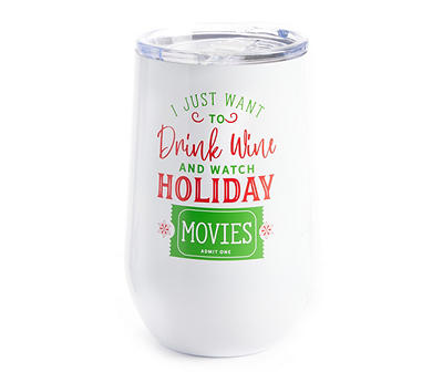"Holiday Movies" White & Green Stainless Steel Stemless Travel Wineglass, 16 oz.