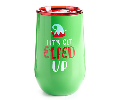 "Elfed Up" Green & Red Stainless Steel Stemless Travel Wineglass, 16 oz.