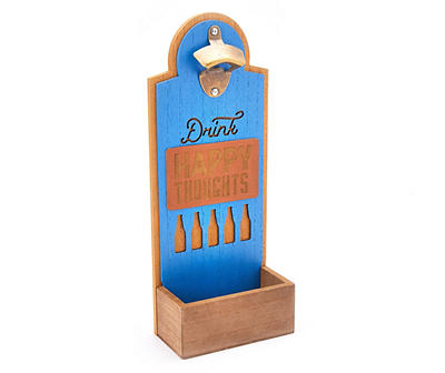 "Happy Thoughts" Blue & Brown Wood Wall Bottle Opener