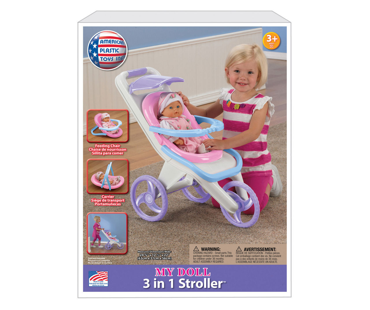 American Plastic Toys Inc Pink 3 in 1 Baby Doll Stroller Big Lots