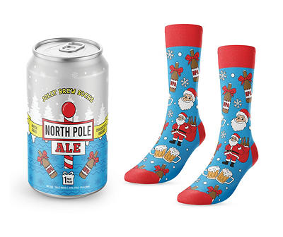 Blue & Red North Pole Ale Beer Can Novelty Socks