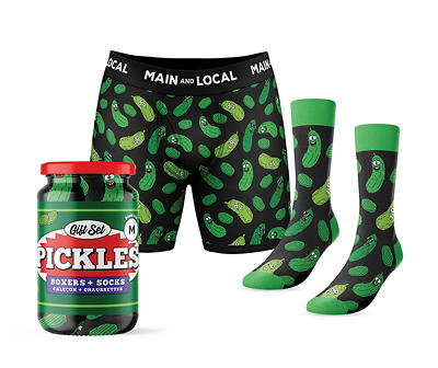 Men's Size L Black & Green Pickle Novelty Boxer & Socks Gift Set