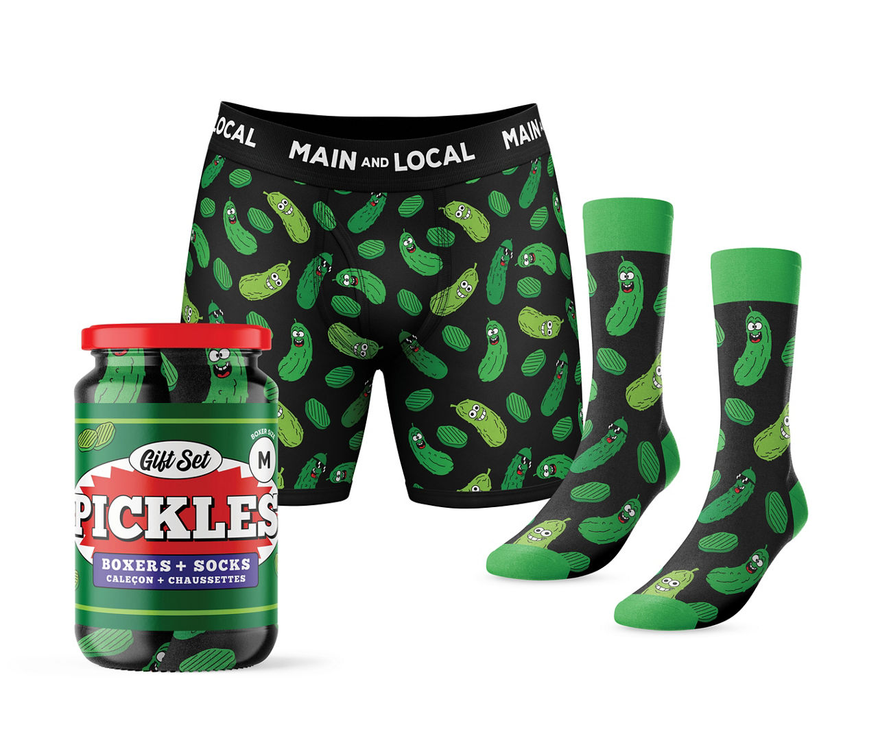 Men's Size M Black & Green Pickle Novelty Boxer & Socks Gift Set