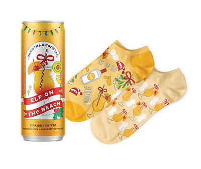 "Elf on the Beach" Yellow Seltzer Can 2-Pair Novelty Socks Set